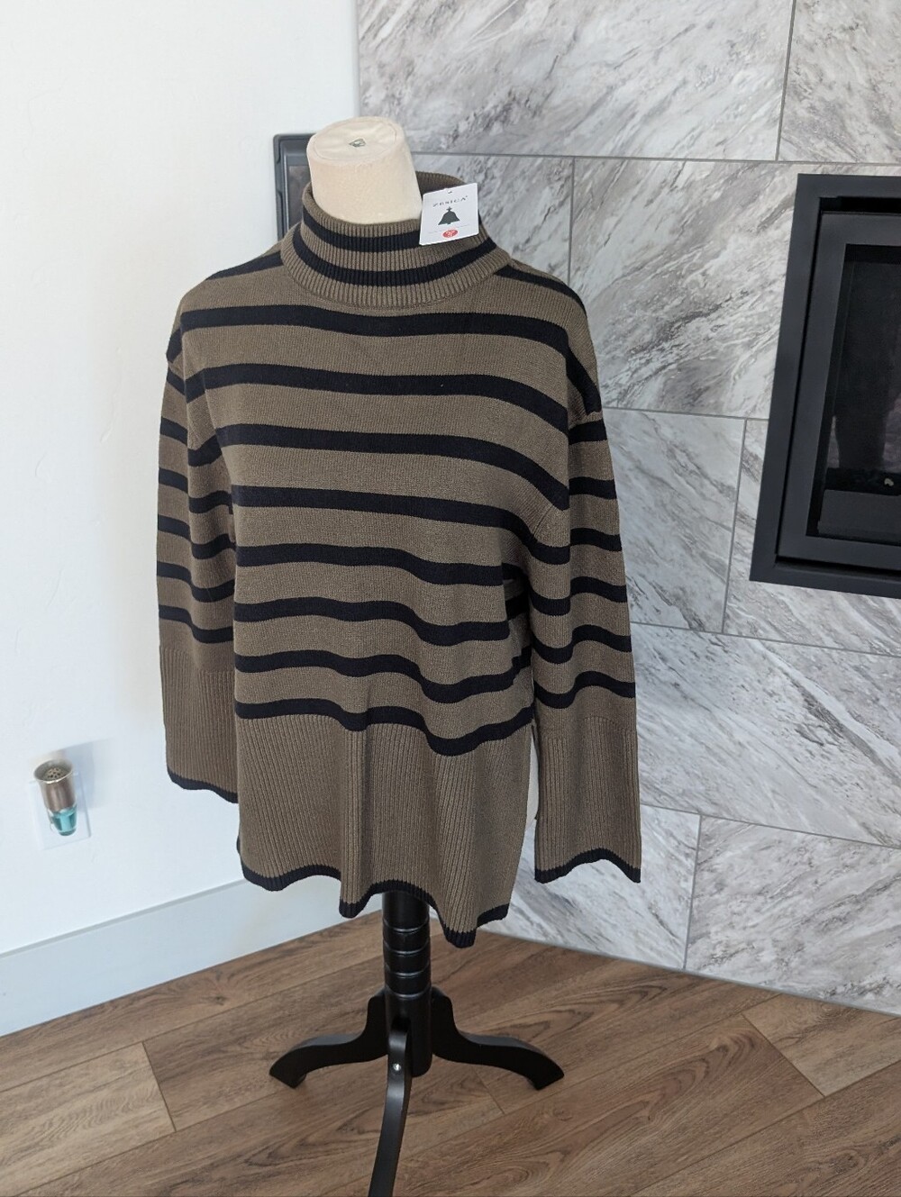 Striped Mock Neck Sweater - Olive/Black